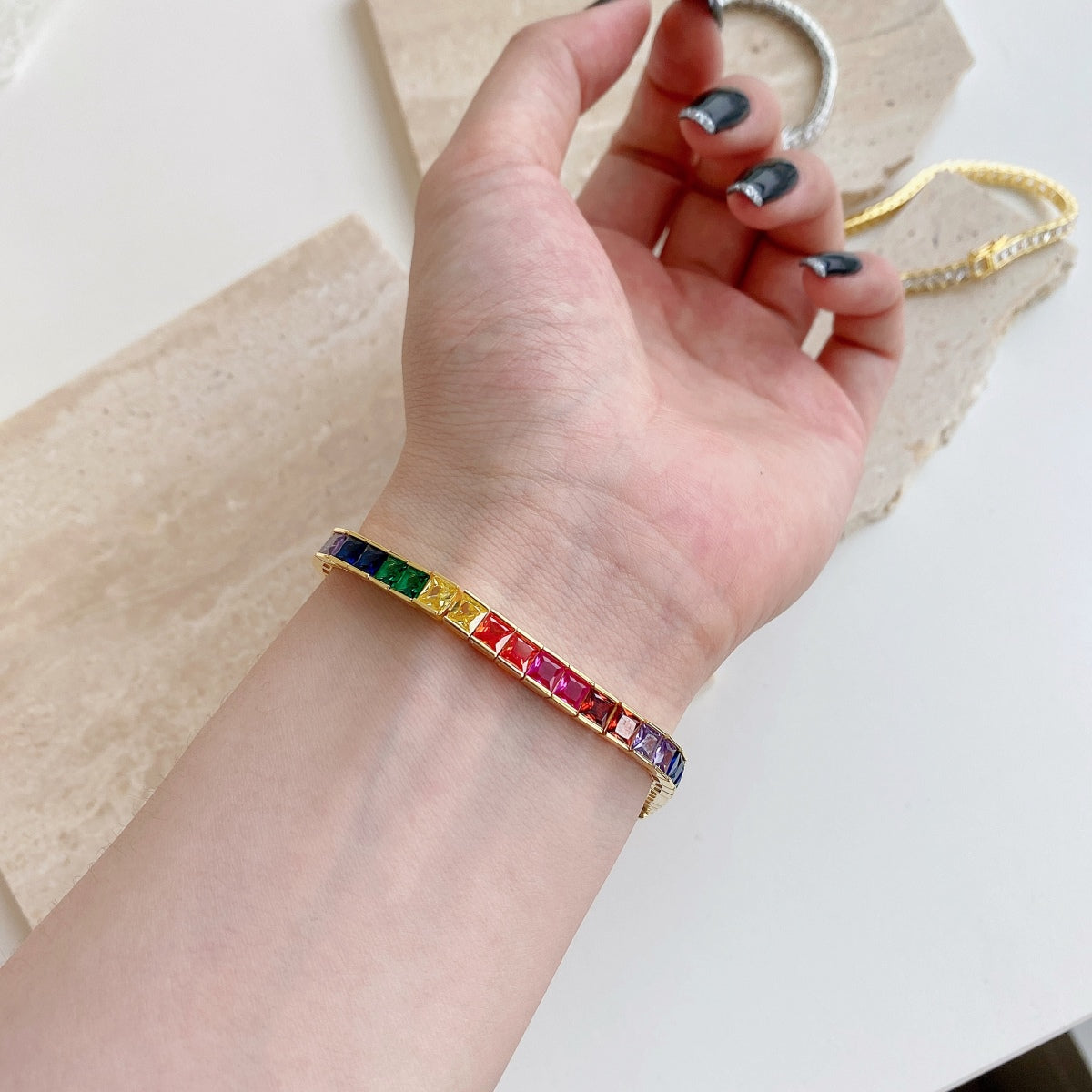 [AuraEcho]Radiant Colorful Princess Cut Tennis Bracelet