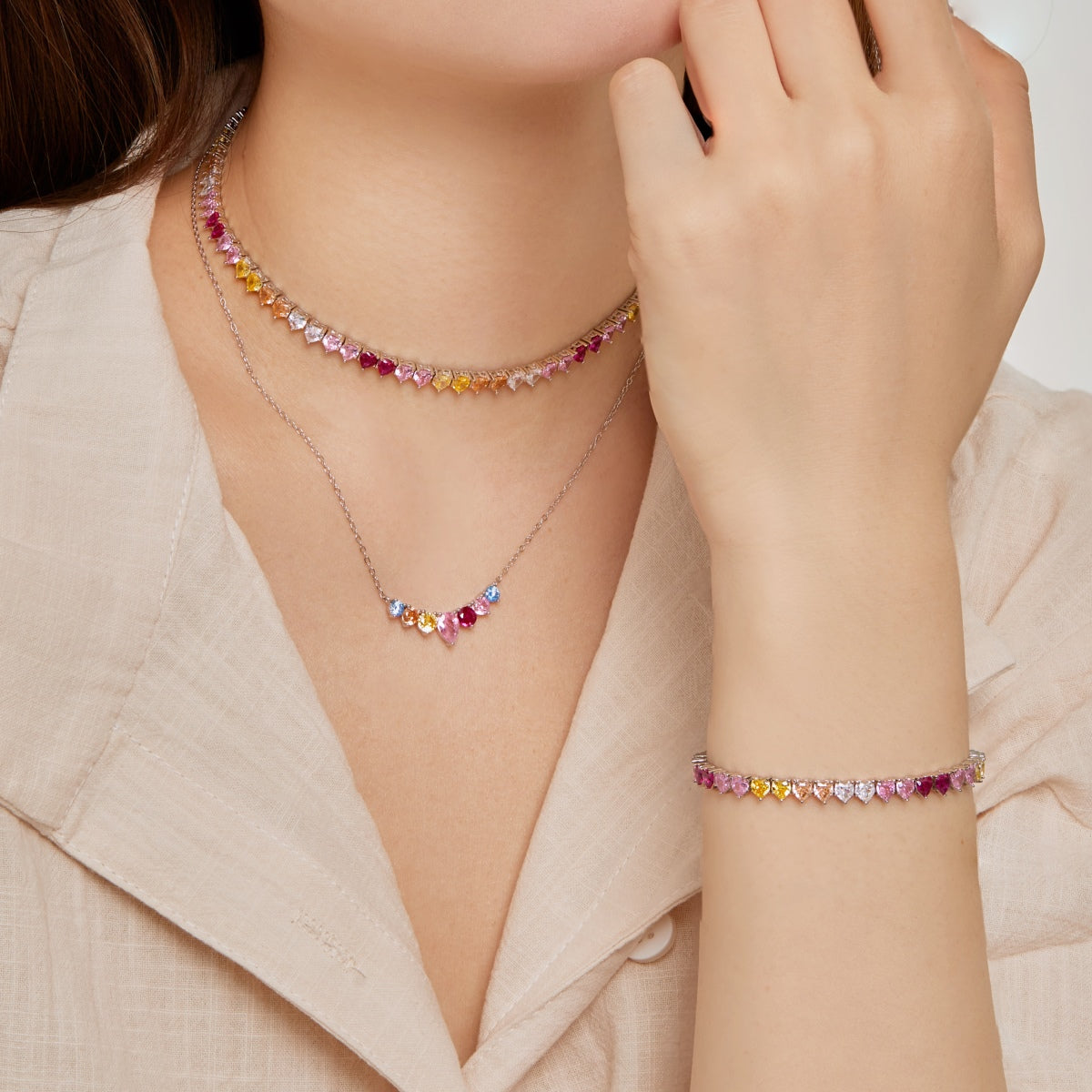 [AuraEcho]Sparkling Colorful Full Heart Tennis Necklace
