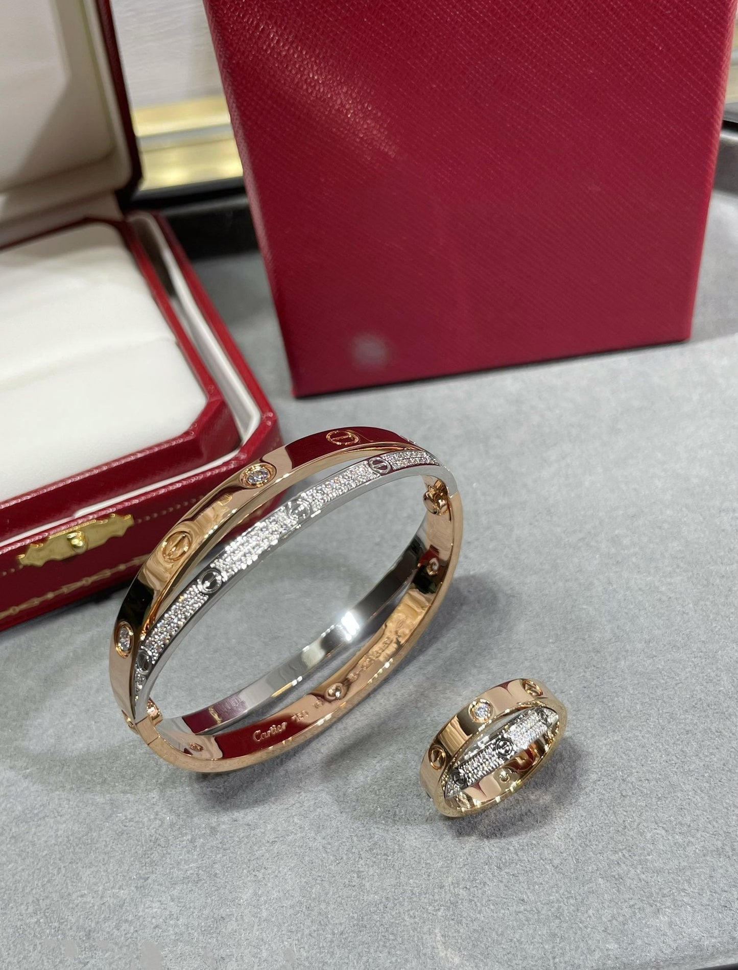 [AuraEcho]LOVE PINK GOLD SILVER DIAMOND DOUBLE RING