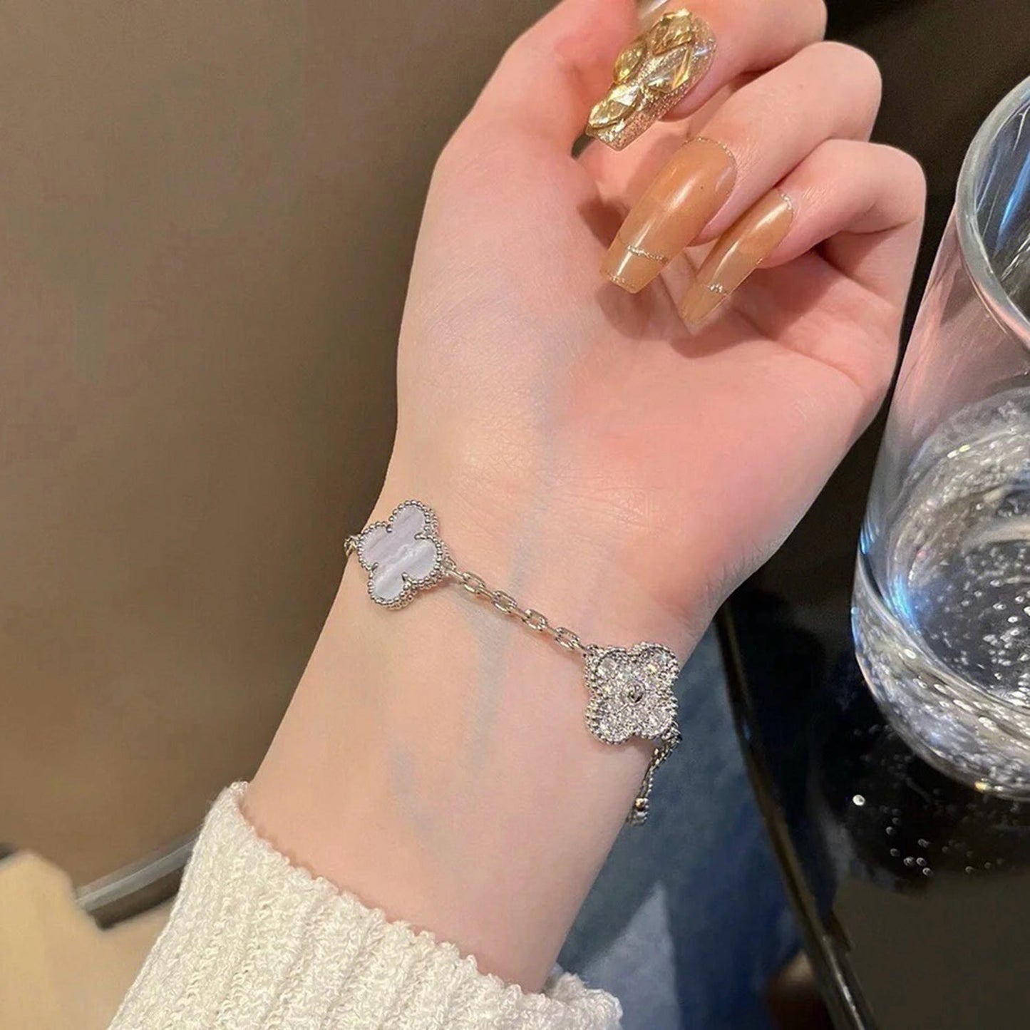 [AuraEcho]CLOVER  5 MOTIF DIAMOND PURPLE CHALCEDONY BRACELET SILVER