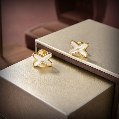 [AuraEcho]JEUX DE WHITE MOP GOLD DIAMOND EARRINGS