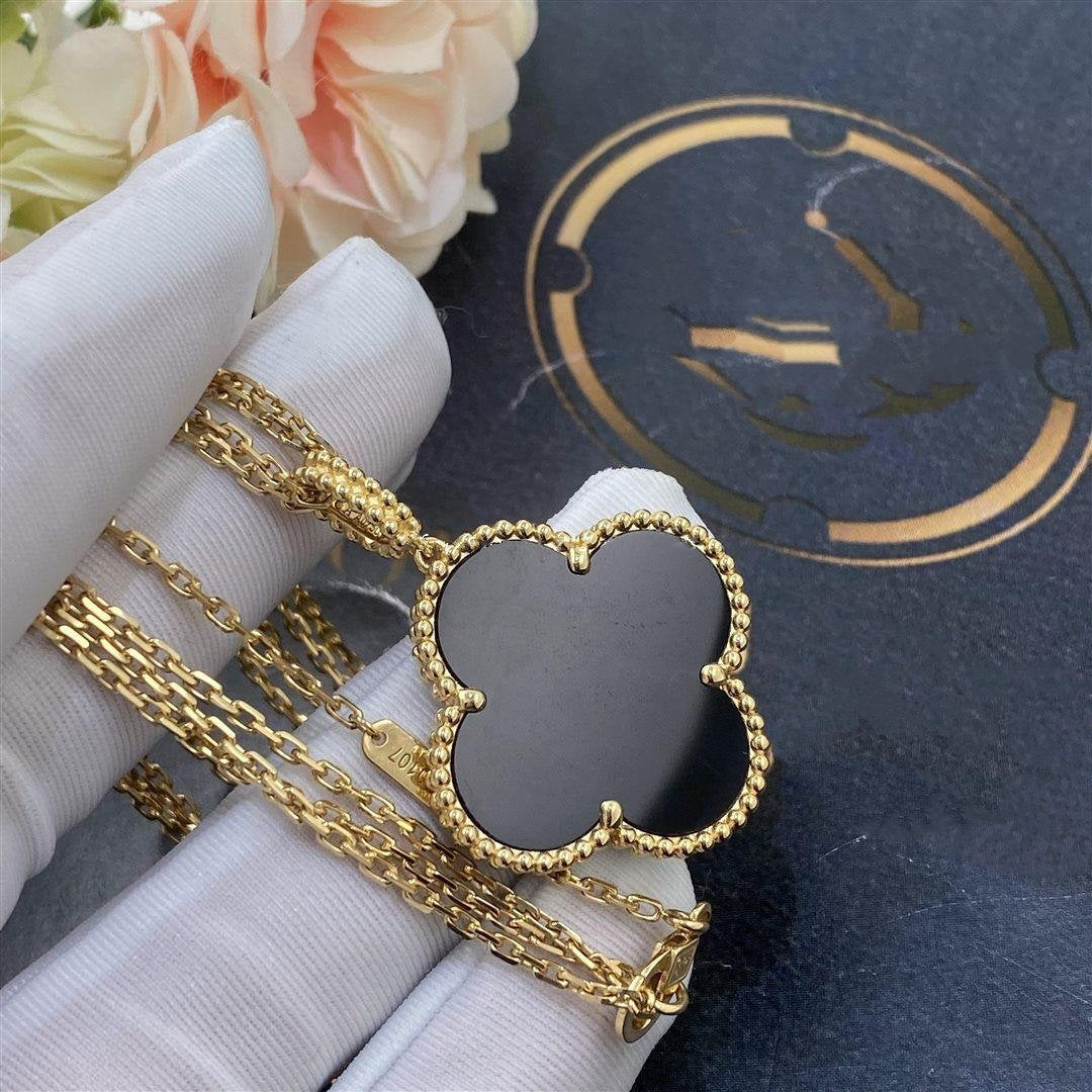 [AuraEcho]CLOVER 25MM GOLD ONYX BIG CLOVER NECKLACE